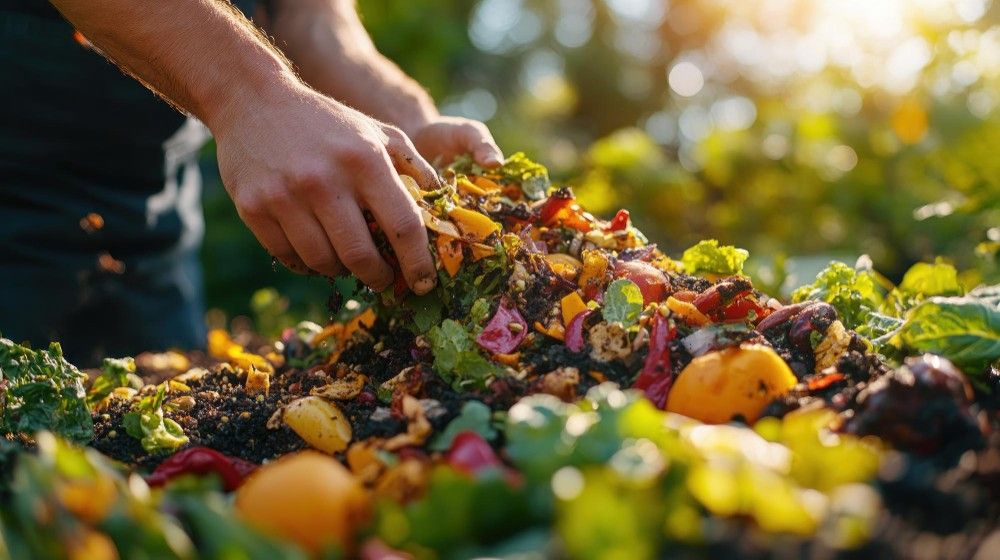 adding food scraps to a compost pile outdoors