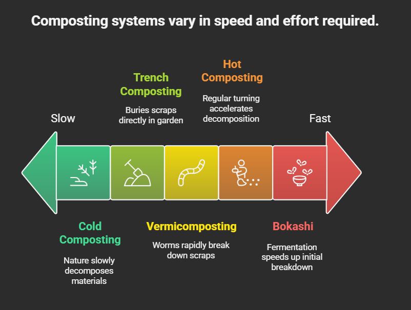 Chart showing types of composting methods from slow to fast systems