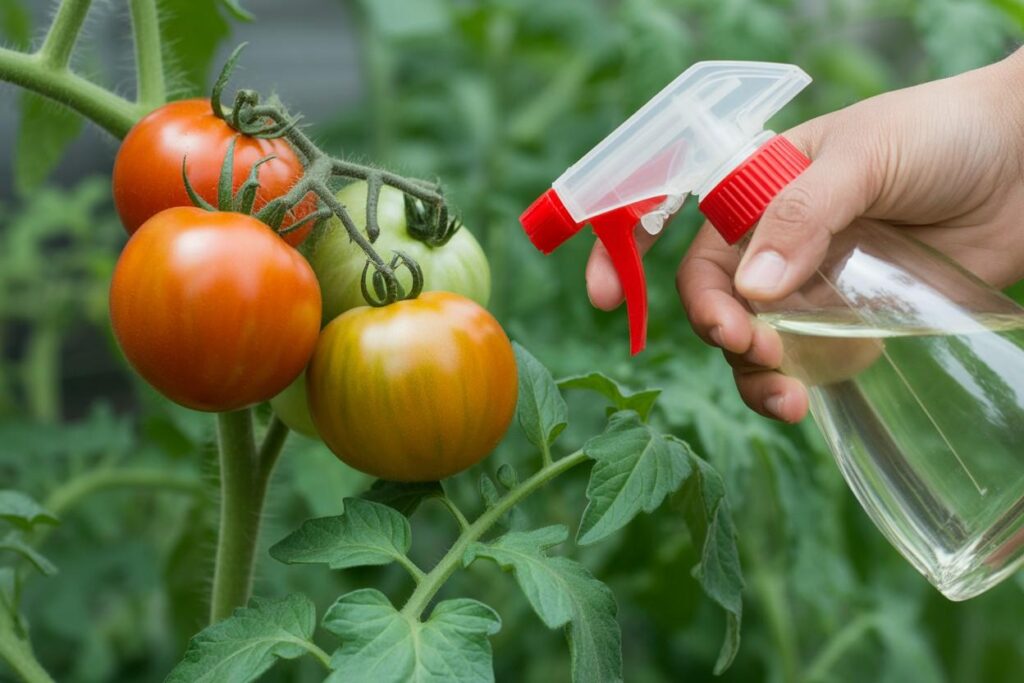 spraying natural solution on tomato plants.