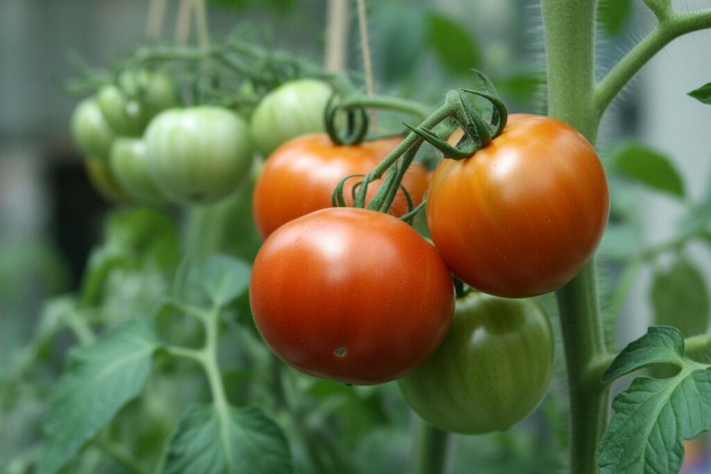 Ripe and unripe tomatoes growing on a healthy potted plant