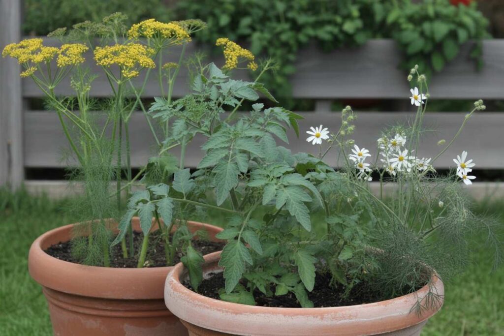 Companion plants like dill and yarrow with potted tomatoes for organic pest control.