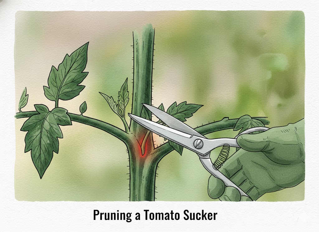 a tomato plant being pruned