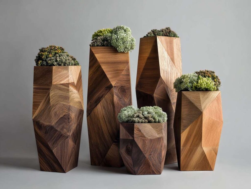 Wooden Planter Design 9: The Faceted Walnut Monolith Set 