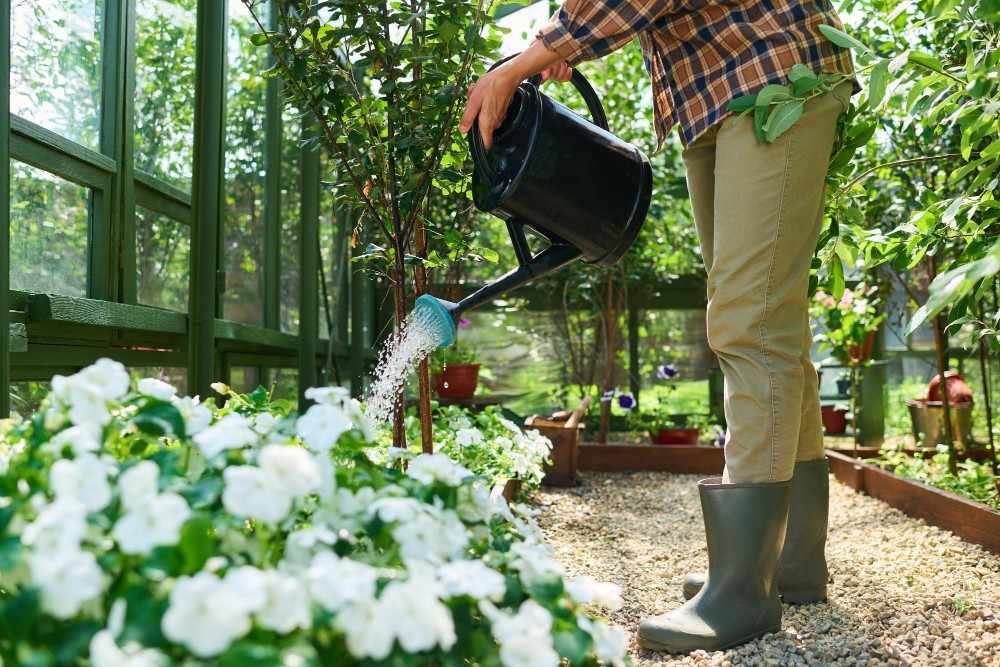 Garden watering tools including drip irrigation, watering can, and hose