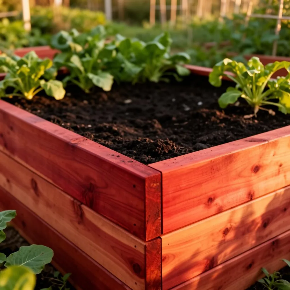 Western red cedar raised bed with rich grain and natural reddish color