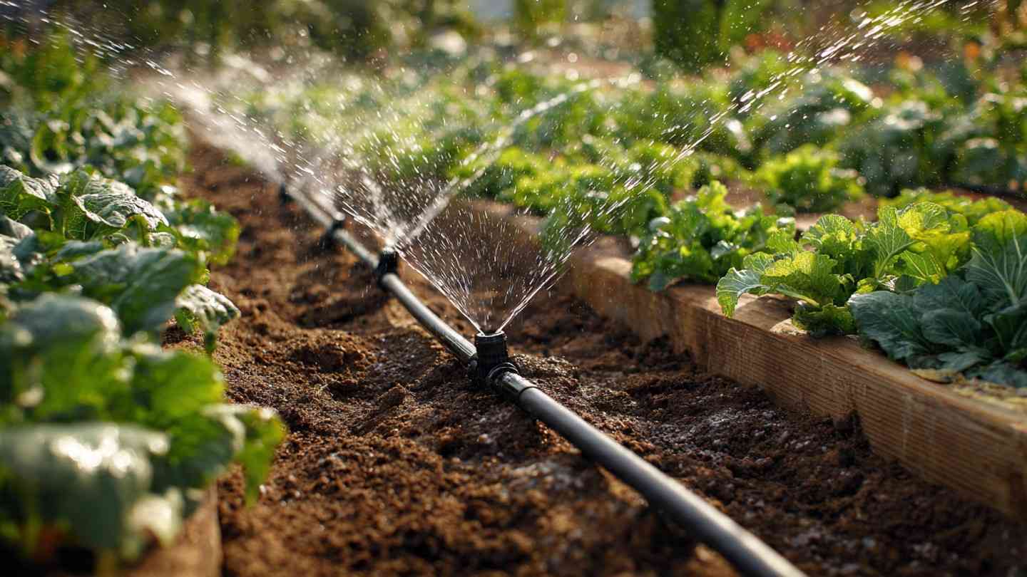 Drip irrigation system running through a raised vegetable bed