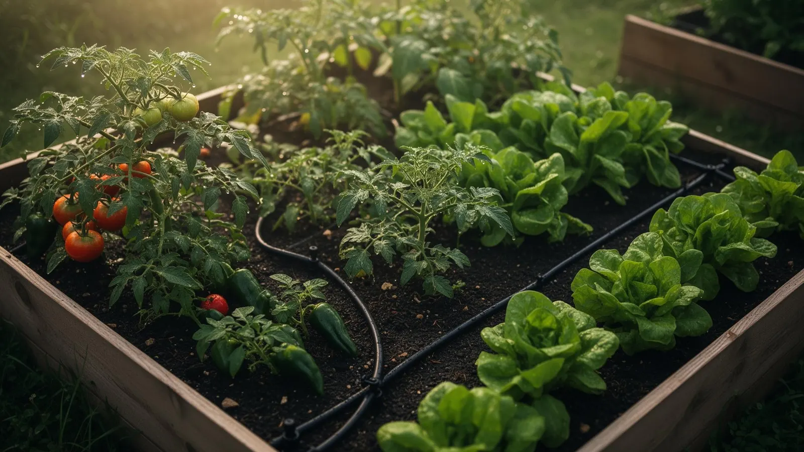 A raised garden bed with tomatoes, peppers, lettuce and irrigation tubing in morning light