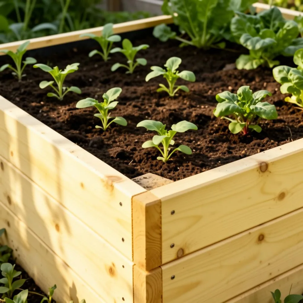 Untreated pine raised bed in a vegetable garden, light-colored fresh wood