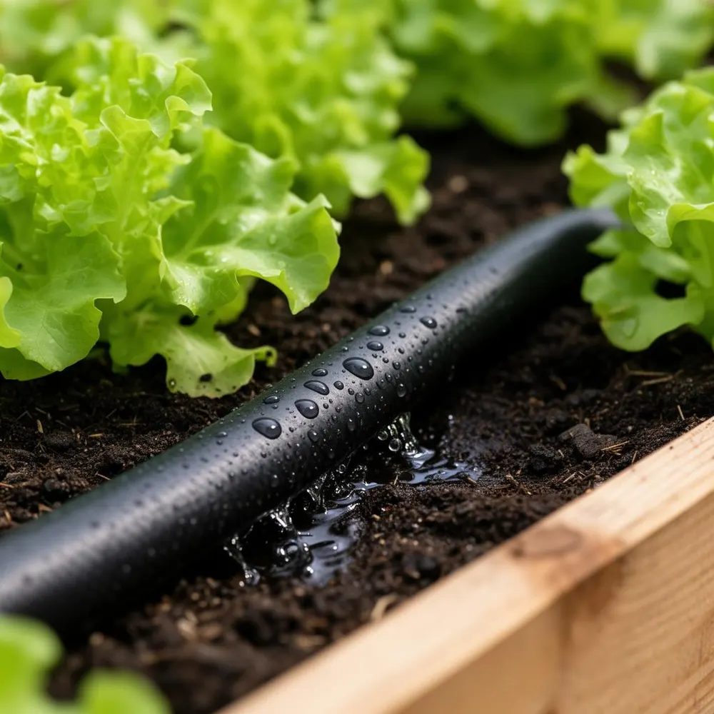 Soaker hose weeping water in a raised bed of lettuce