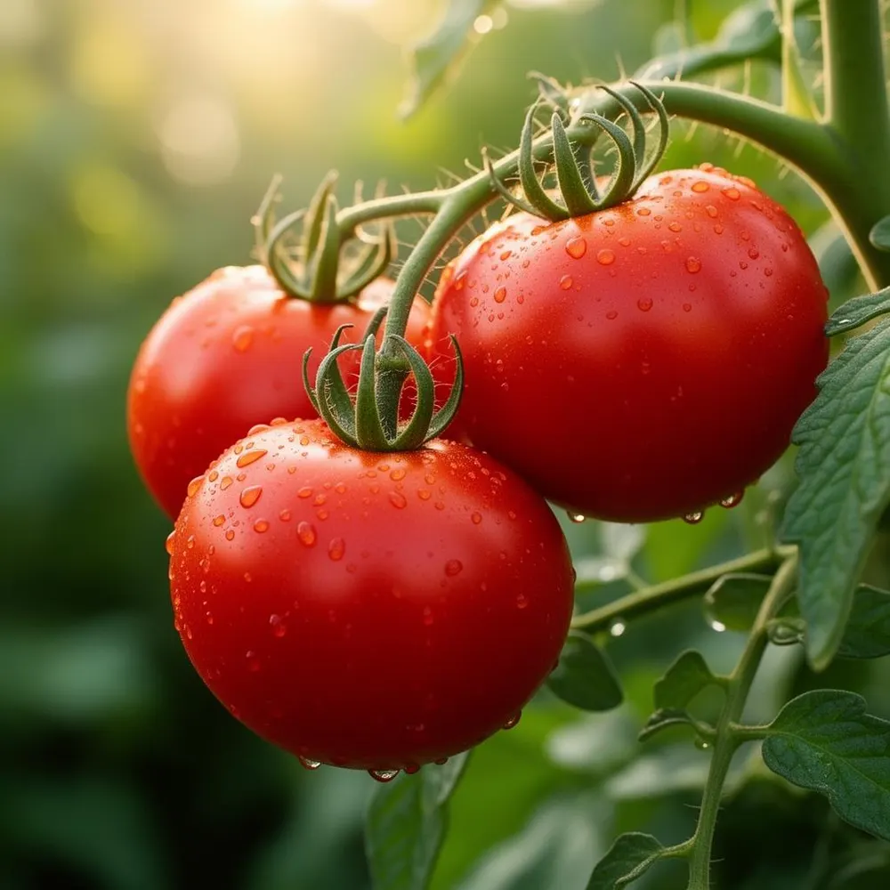 Ripe red tomatoes on the vine with water droplets