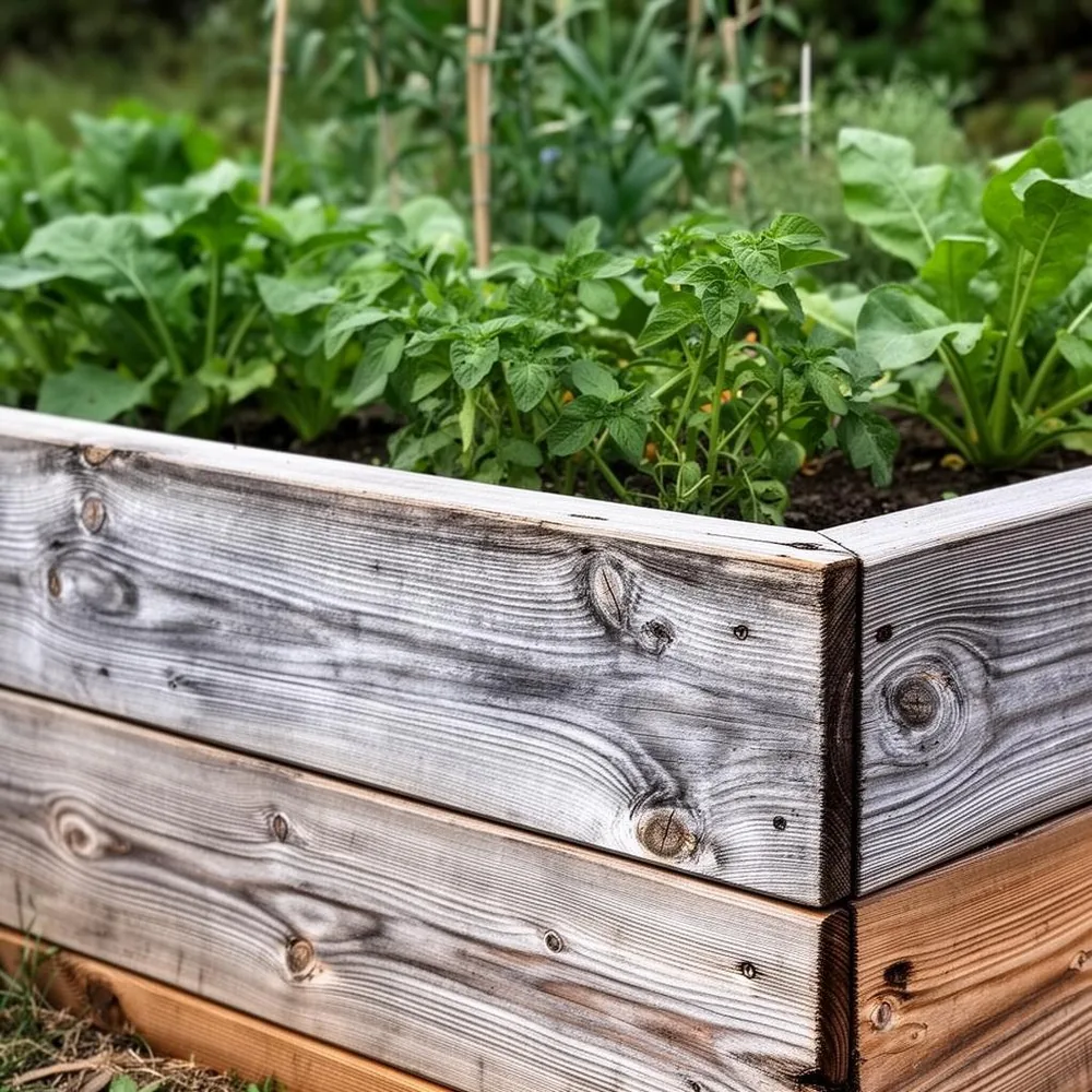 A 7-year-old weathered cedar raised bed with silvered patina, full of tomato plants